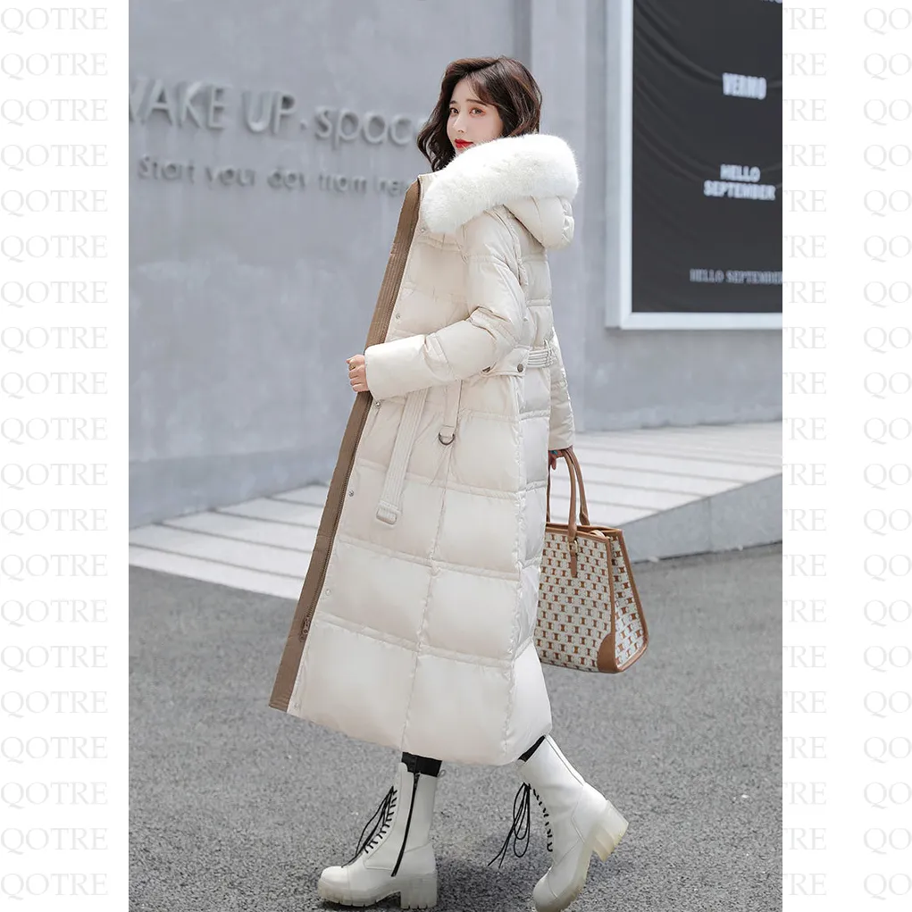 Fur Collar Knee-Length Belted Puffer Jacket