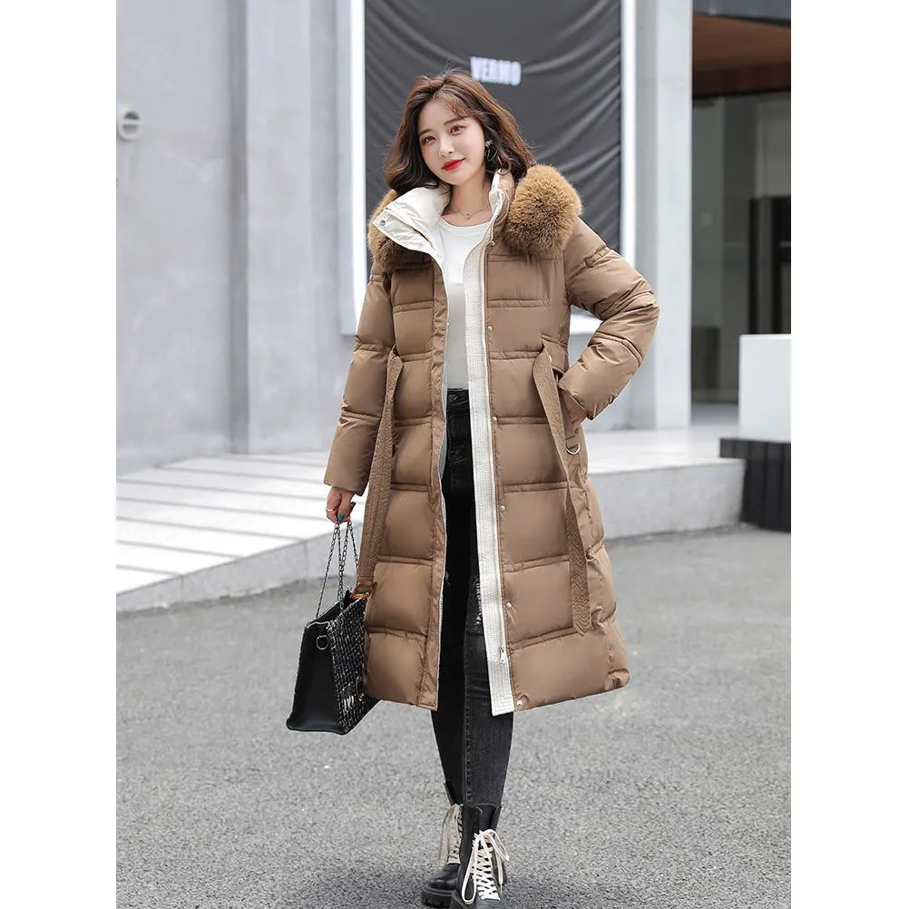 Fur Collar Knee-Length Belted Puffer Jacket