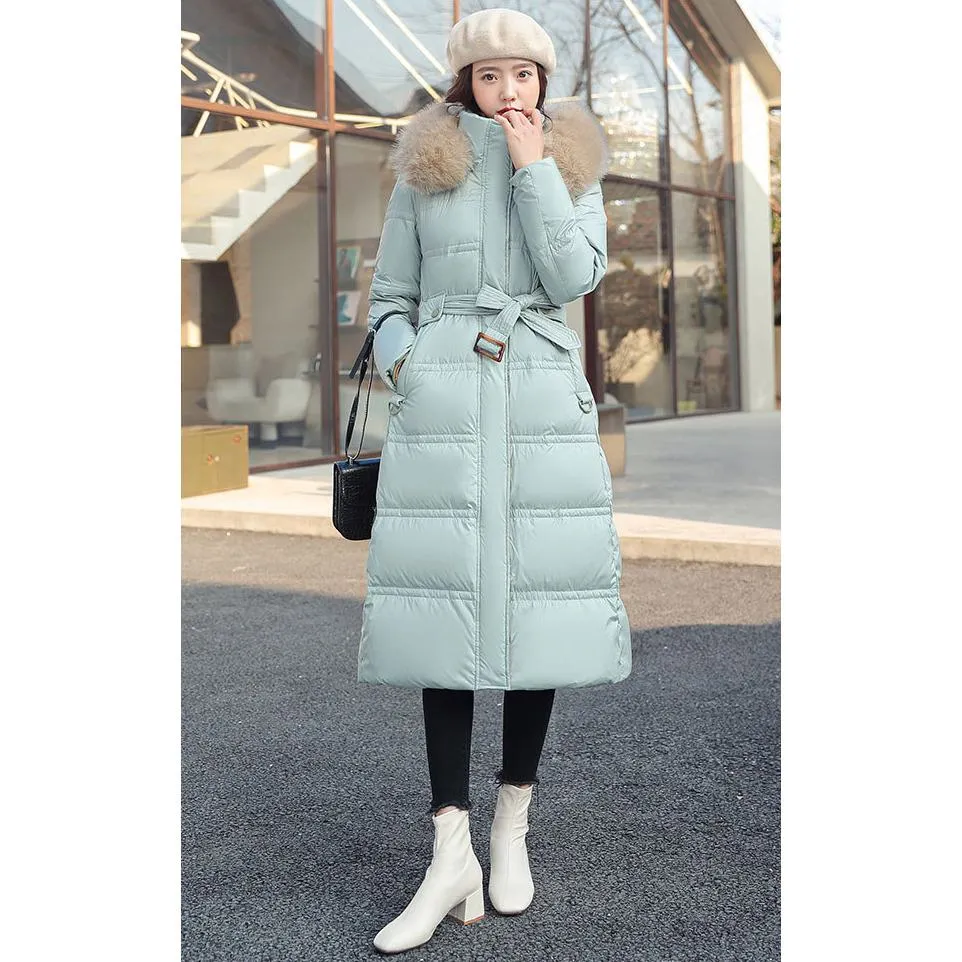 Fur Collar Knee-Length Belted Puffer Jacket