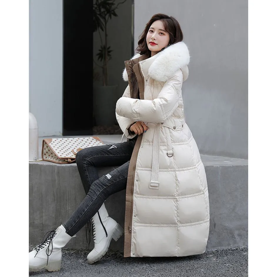 Fur Collar Knee-Length Belted Puffer Jacket