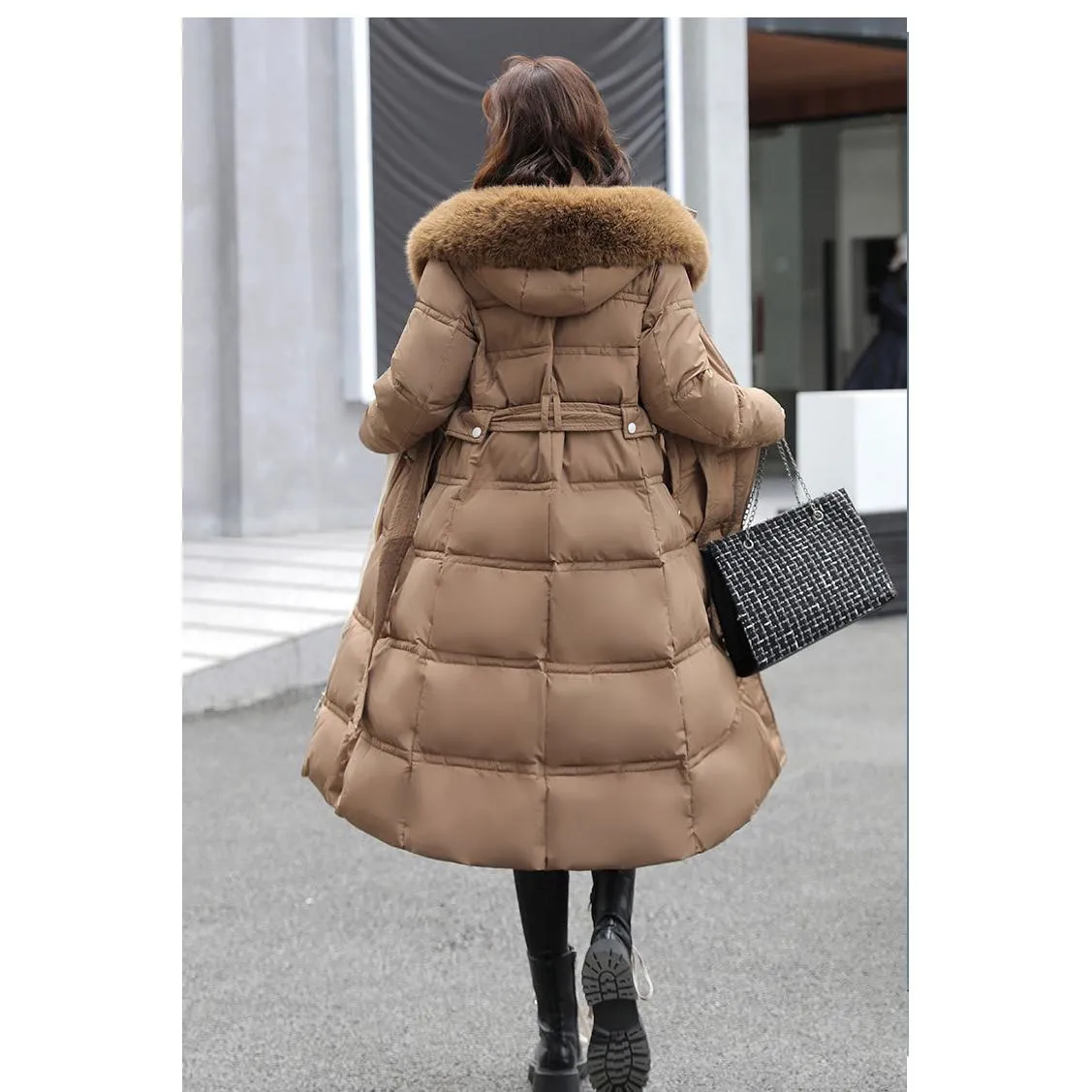 Fur Collar Knee-Length Belted Puffer Jacket