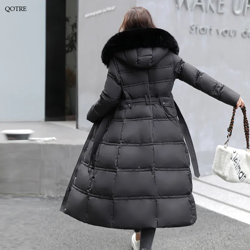 Fur Collar Knee-Length Belted Puffer Jacket