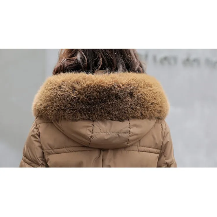 Fur Collar Knee-Length Belted Puffer Jacket