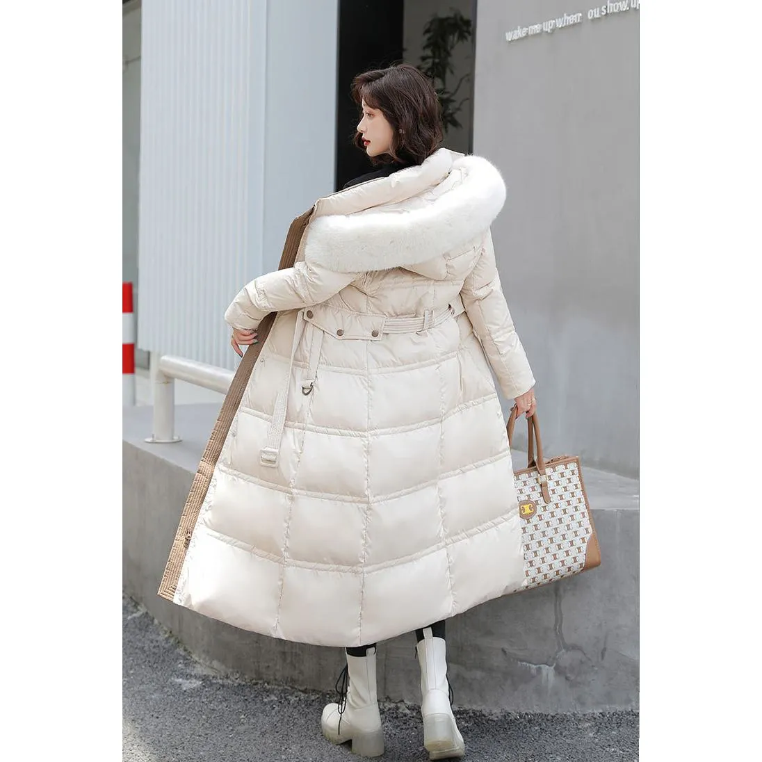 Fur Collar Knee-Length Belted Puffer Jacket