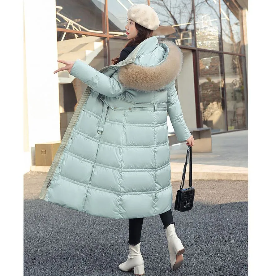 Fur Collar Knee-Length Belted Puffer Jacket