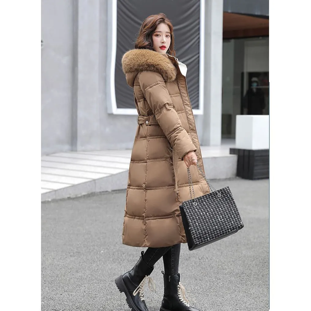 Fur Collar Knee-Length Belted Puffer Jacket