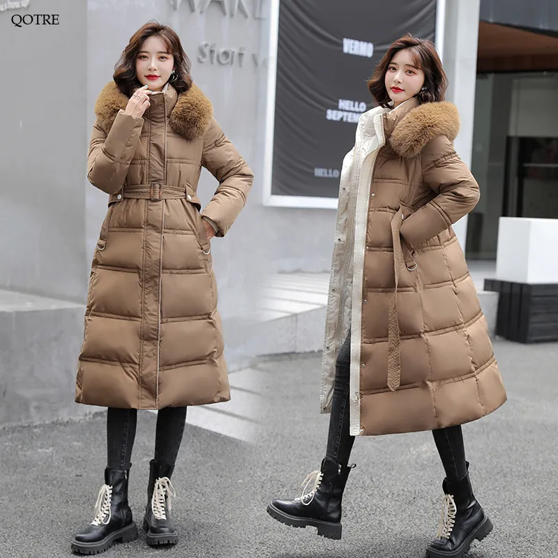 Fur Collar Knee-Length Belted Puffer Jacket