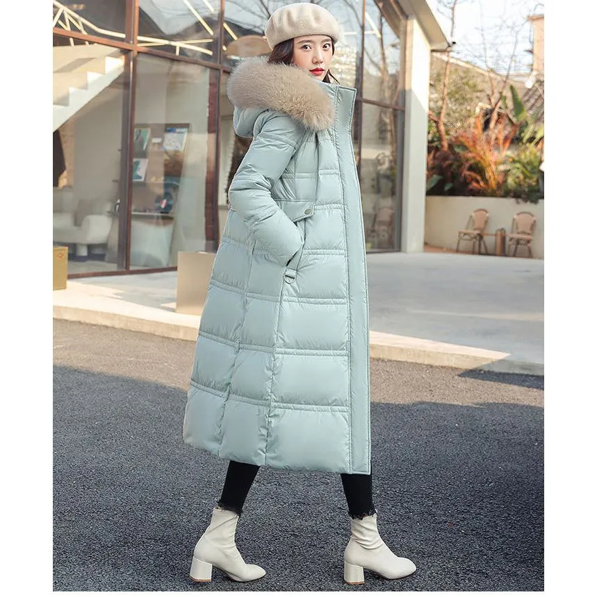Fur Collar Knee-Length Belted Puffer Jacket