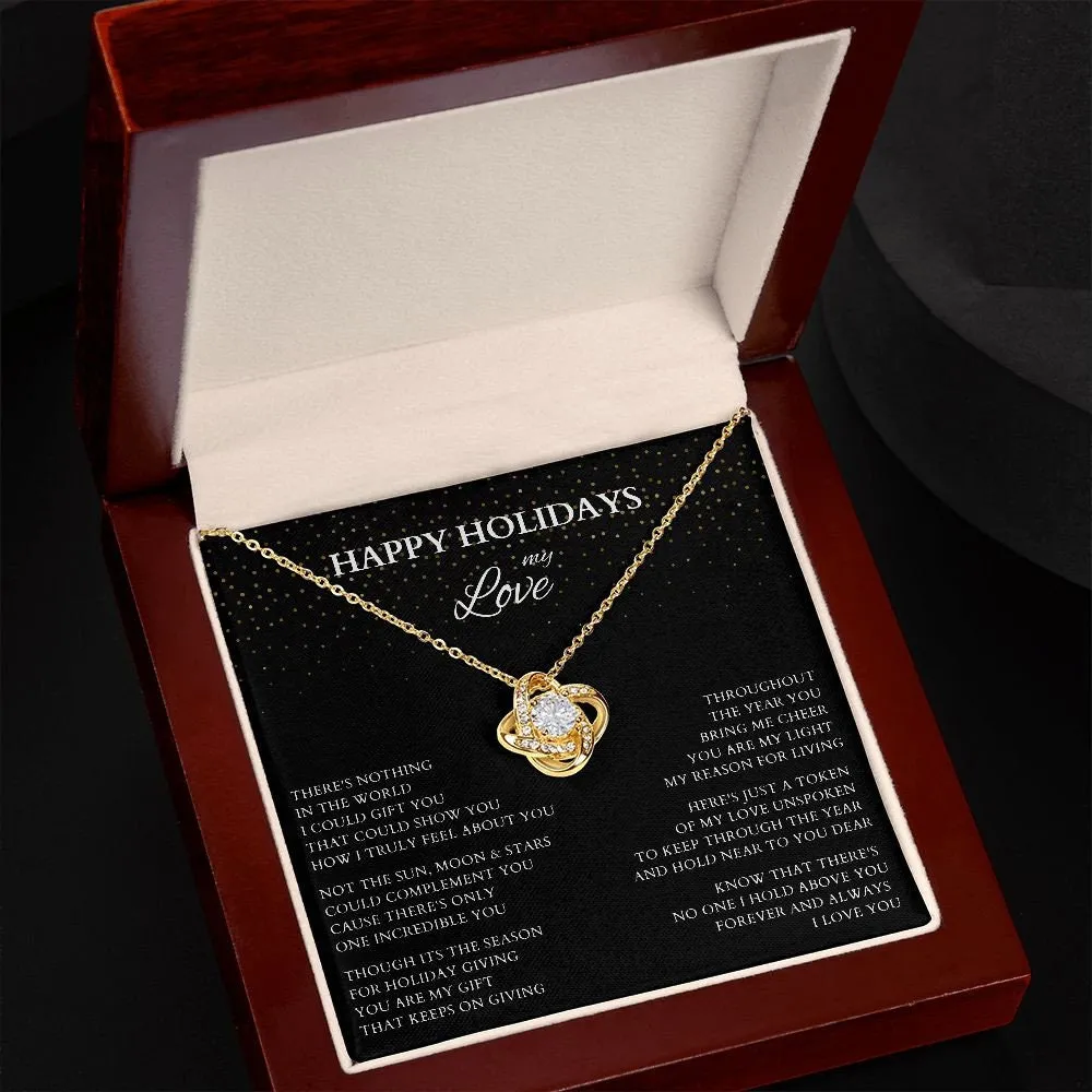Happy Holidays My Love Love Knot Gold Necklace, Holiday Gift for Wife, Holiday Necklace for Lover