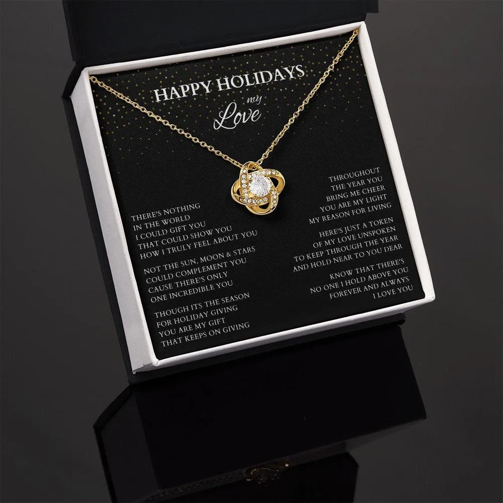 Happy Holidays My Love Love Knot Gold Necklace, Holiday Gift for Wife, Holiday Necklace for Lover