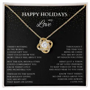 Happy Holidays My Love Love Knot Gold Necklace, Holiday Gift for Wife, Holiday Necklace for Lover