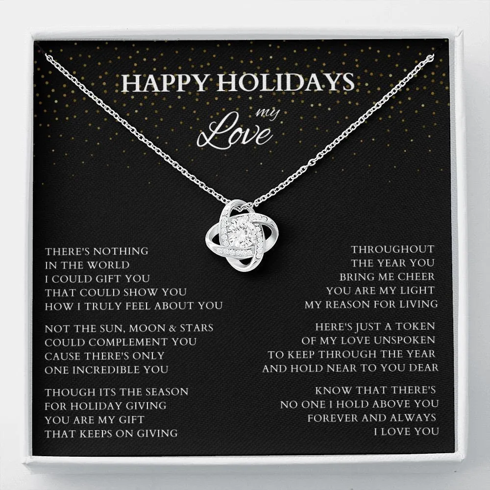 Happy Holidays My Love Love Knot Gold Necklace, Holiday Gift for Wife, Holiday Necklace for Lover