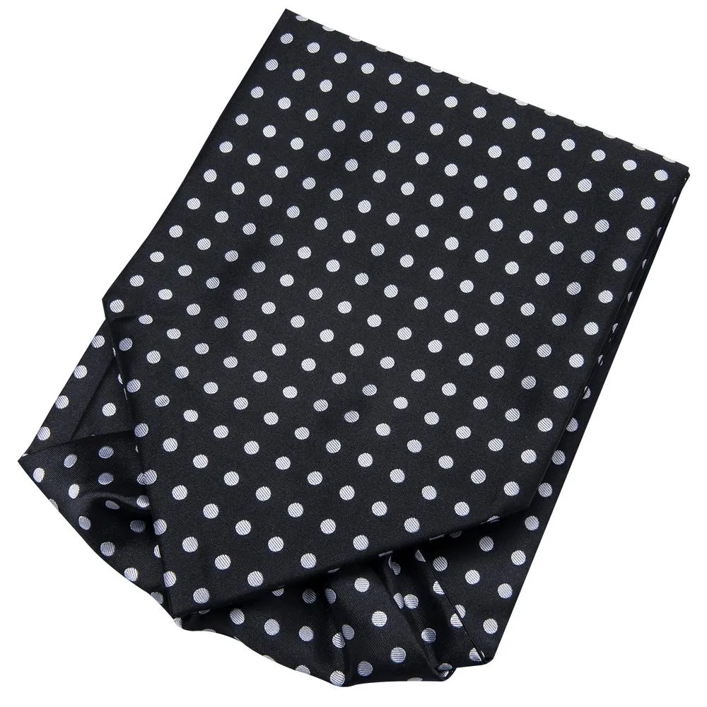 Hi-Tie Ascot Neck Tie Black White Polka Dot Ascot Hanky Cufflinks Set