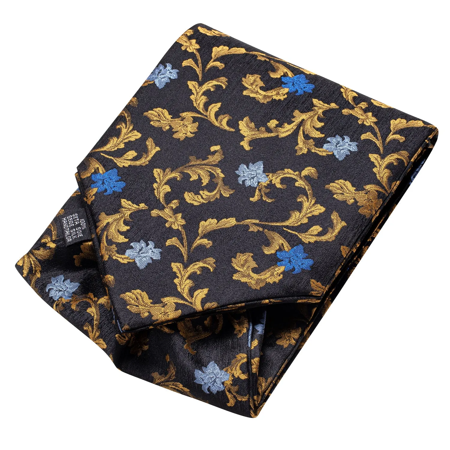 Hi-Tie Black Golden Blue Floral Silk Ascot Tie Pocket Square Cufflinks Set