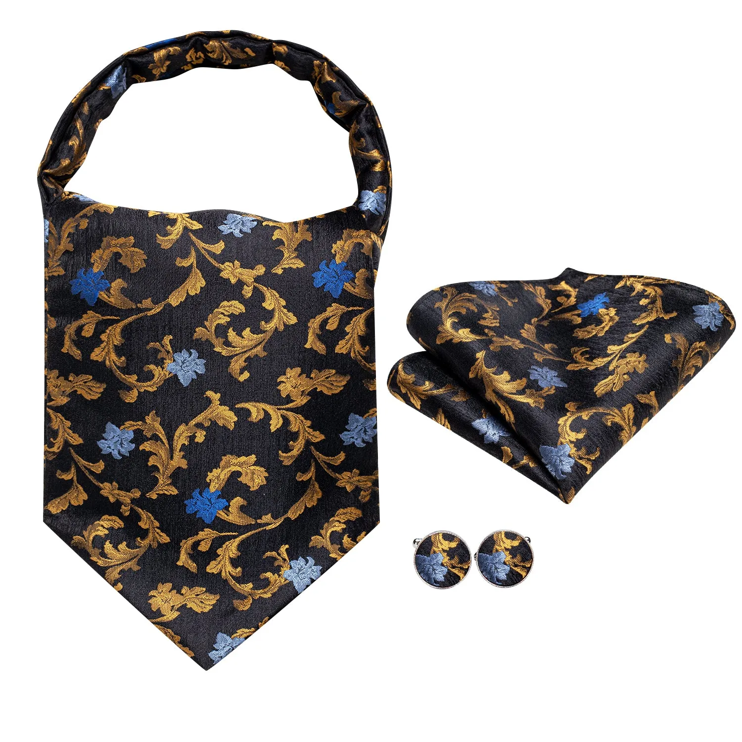 Hi-Tie Black Golden Blue Floral Silk Ascot Tie Pocket Square Cufflinks Set