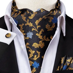 Hi-Tie Black Golden Blue Floral Silk Ascot Tie Pocket Square Cufflinks Set