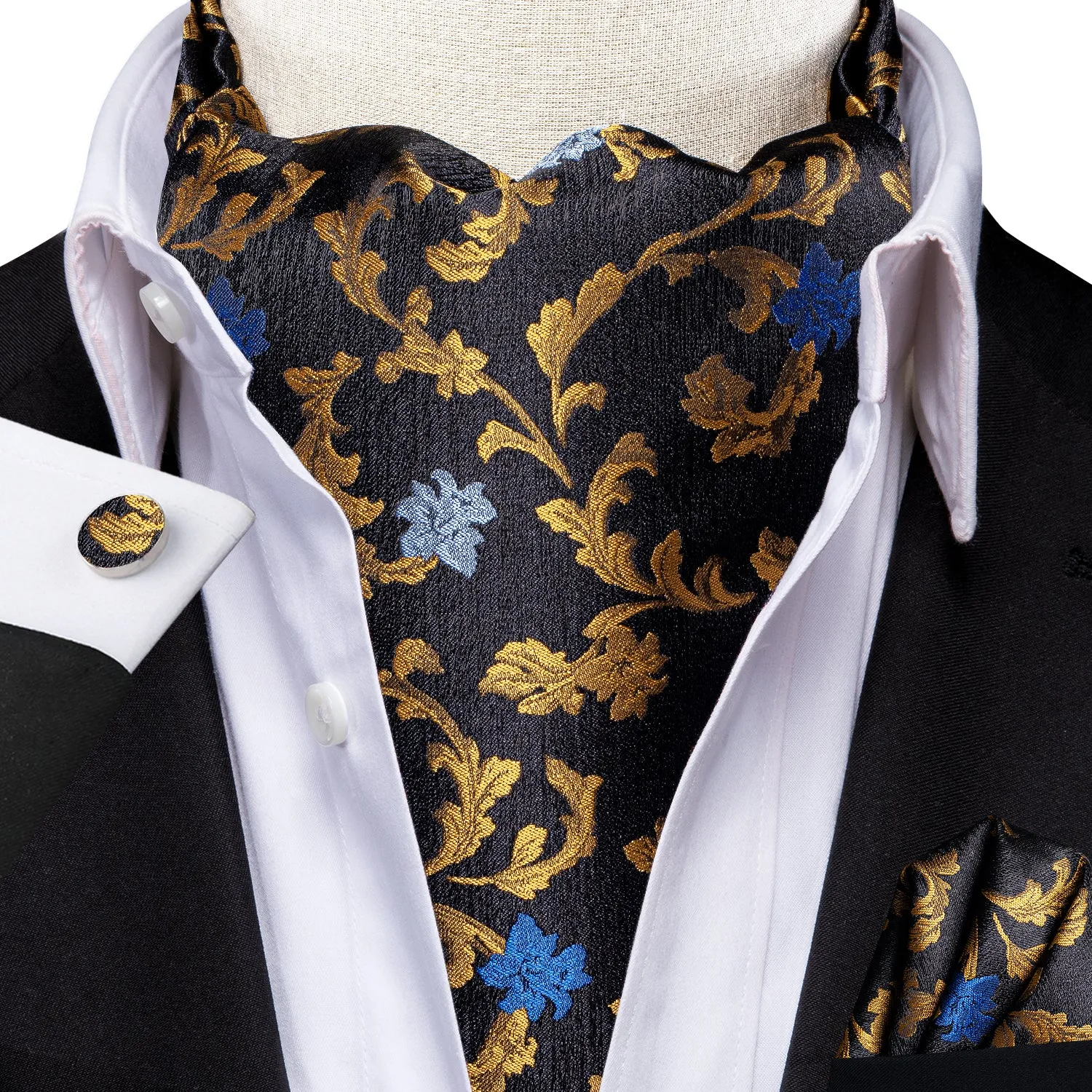 Hi-Tie Black Golden Blue Floral Silk Ascot Tie Pocket Square Cufflinks Set