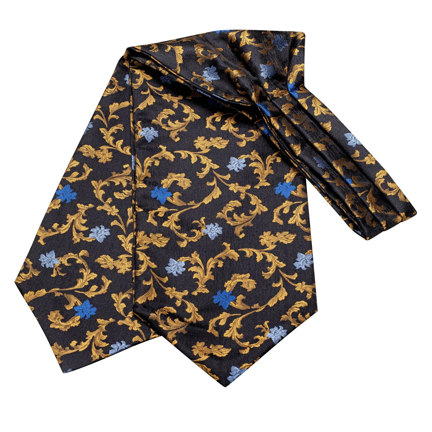 Hi-Tie Black Golden Blue Floral Silk Ascot Tie Pocket Square Cufflinks Set