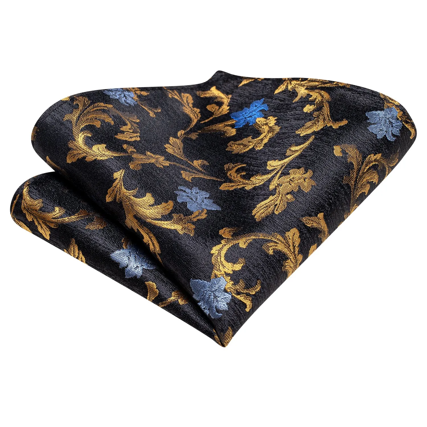 Hi-Tie Black Golden Blue Floral Silk Ascot Tie Pocket Square Cufflinks Set