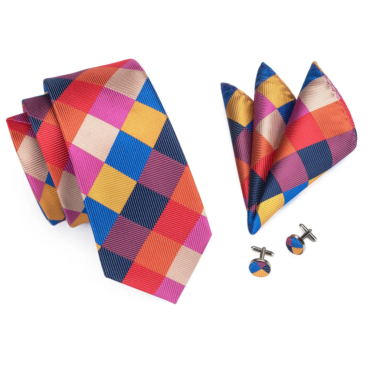 Hi-Tie Men's Necktie Colorful Plaid Tie Pocket Square Cufflinks Set