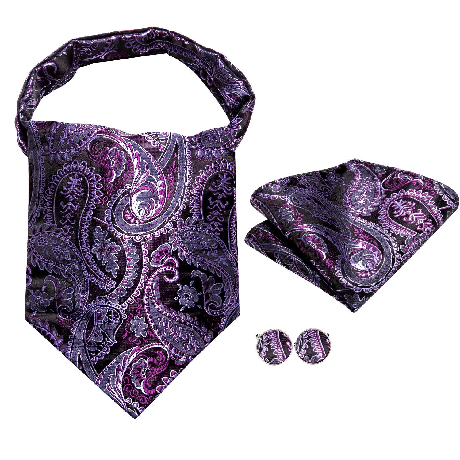 Hi-Tie Purple Paisley Ascot Tie Pocket Square Cufflinks Set  for Men