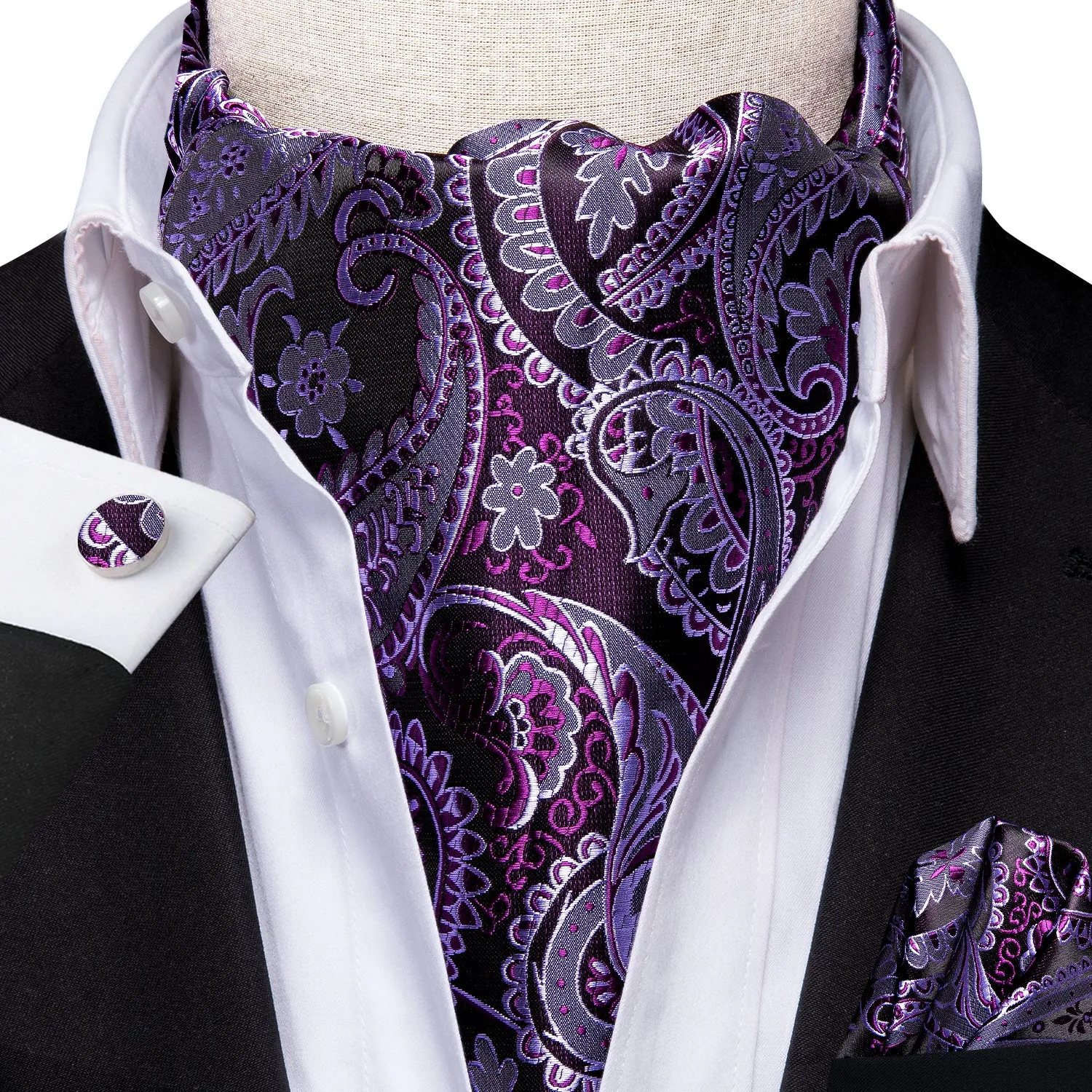 Hi-Tie Purple Paisley Ascot Tie Pocket Square Cufflinks Set  for Men