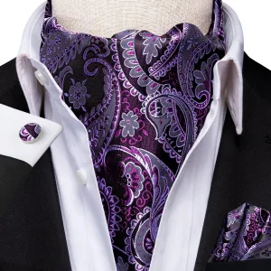 Hi-Tie Purple Paisley Ascot Tie Pocket Square Cufflinks Set  for Men