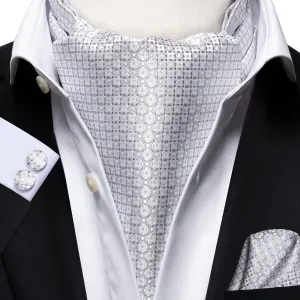 Hi-Tie Silver White Men's Tie Plaid Ascot Pocket Square Cufflinks Set
