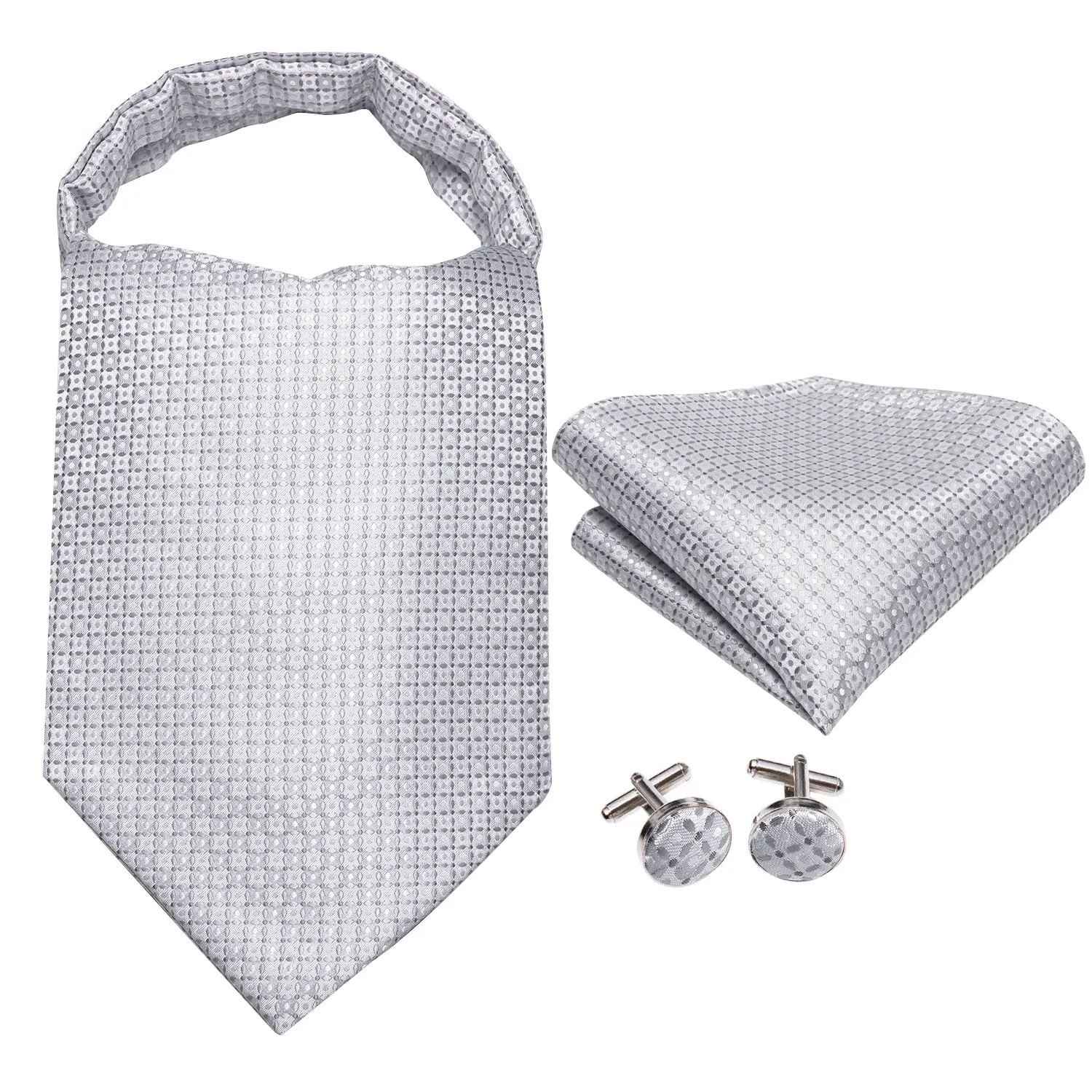 Hi-Tie Silver White Men's Tie Plaid Ascot Pocket Square Cufflinks Set