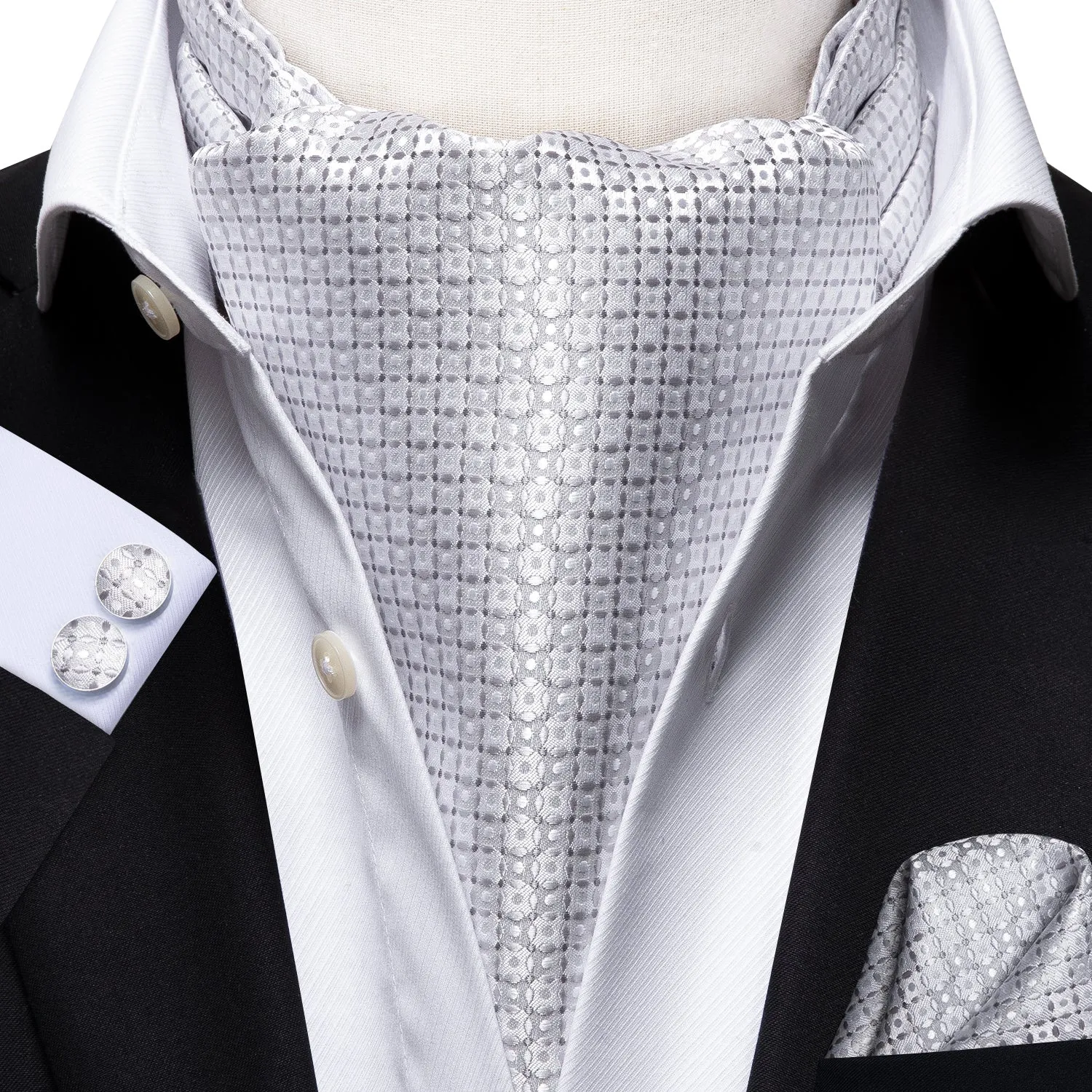 Hi-Tie Silver White Men's Tie Plaid Ascot Pocket Square Cufflinks Set