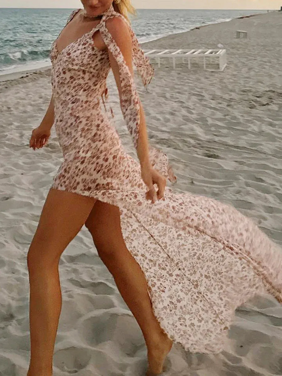 High Split Long Dress Spaghetti Strap Maxi Backless Floral Summer Beach Casual Women's Dress