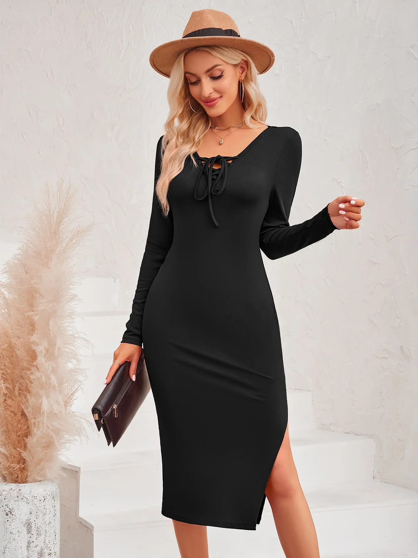 Lace-Up Long Sleeve Slit Dress