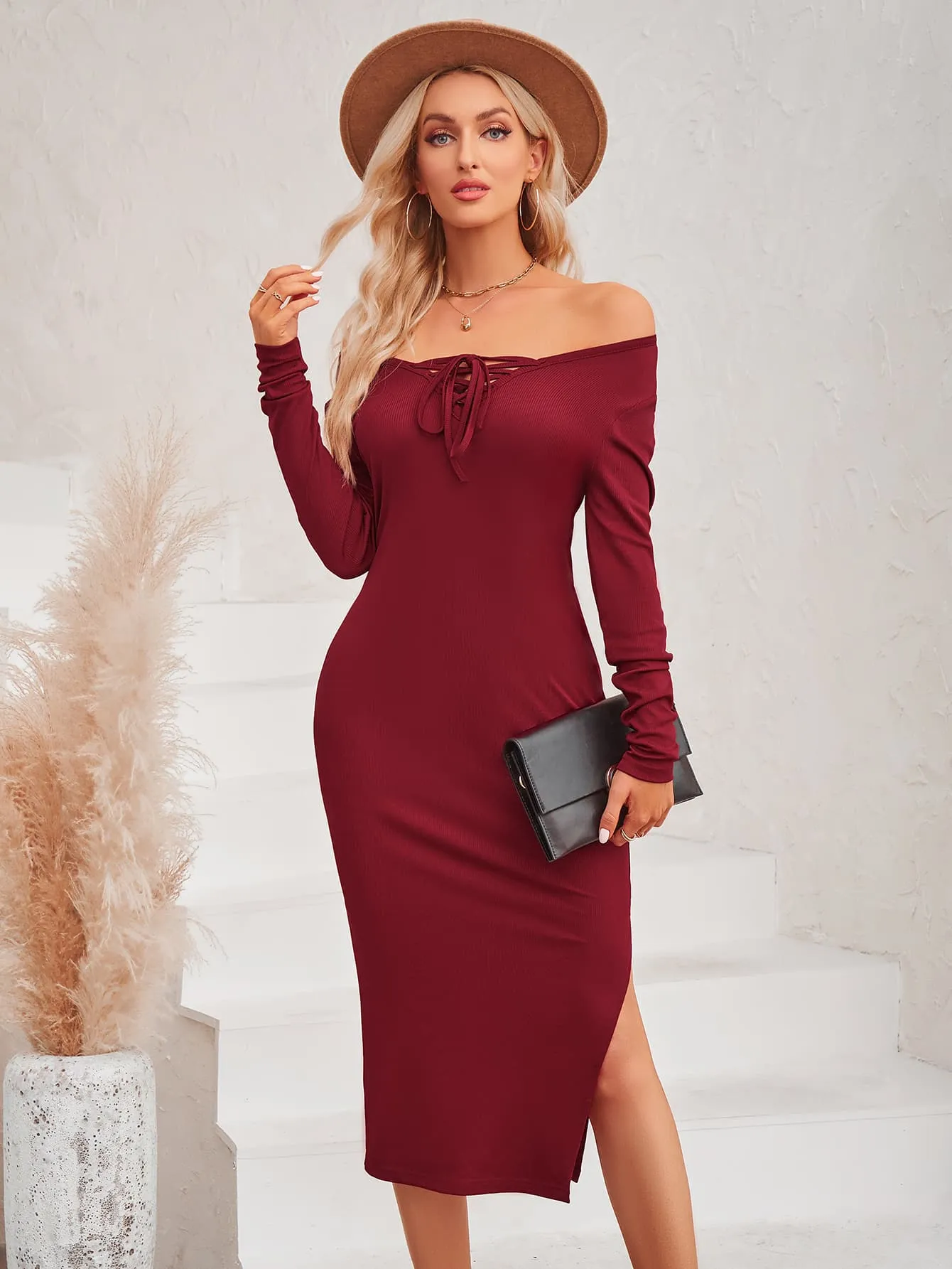 Lace-Up Long Sleeve Slit Dress