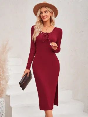 Lace-Up Long Sleeve Slit Dress