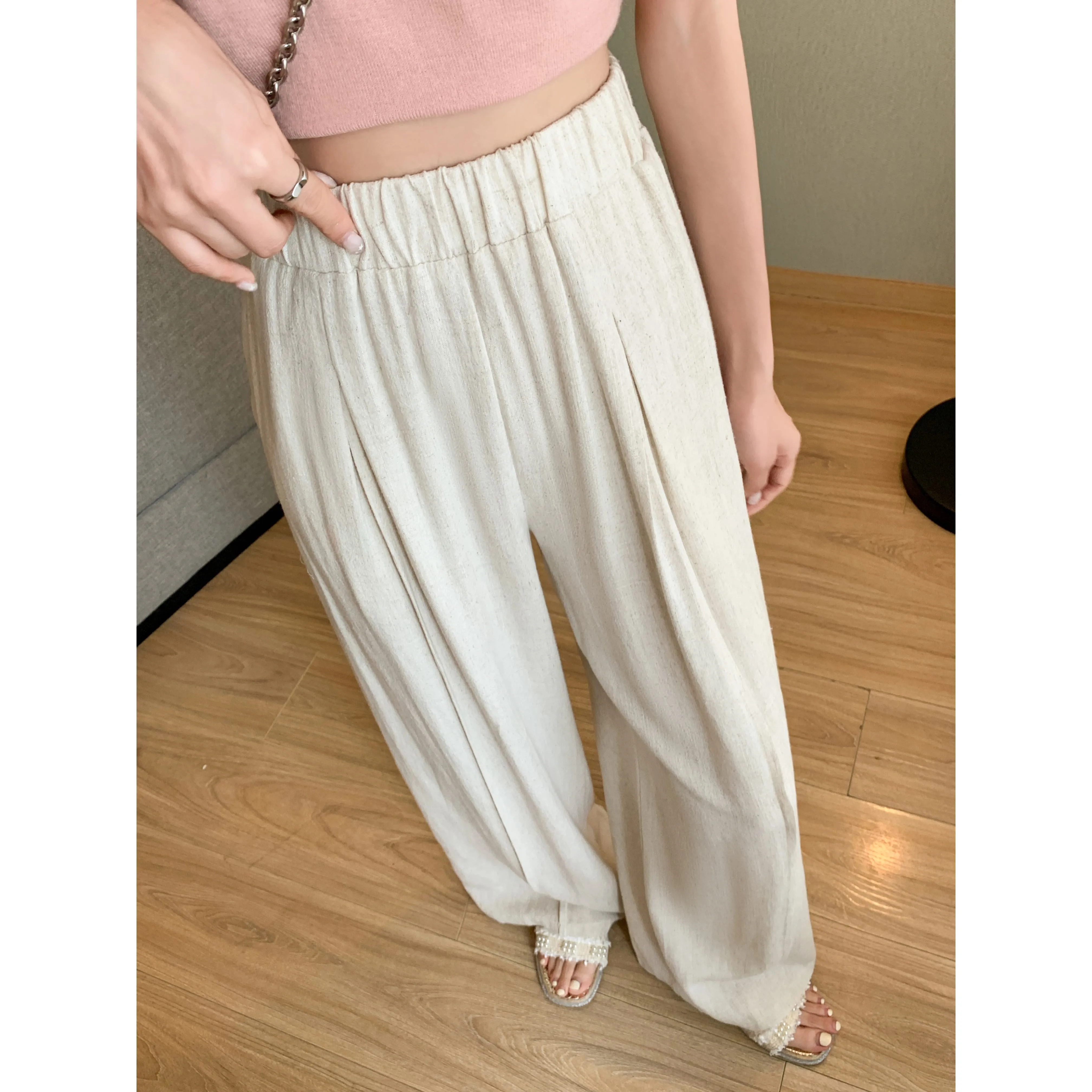 Loose-Fit Silky Linen High-Waisted Lazy Thin Pants