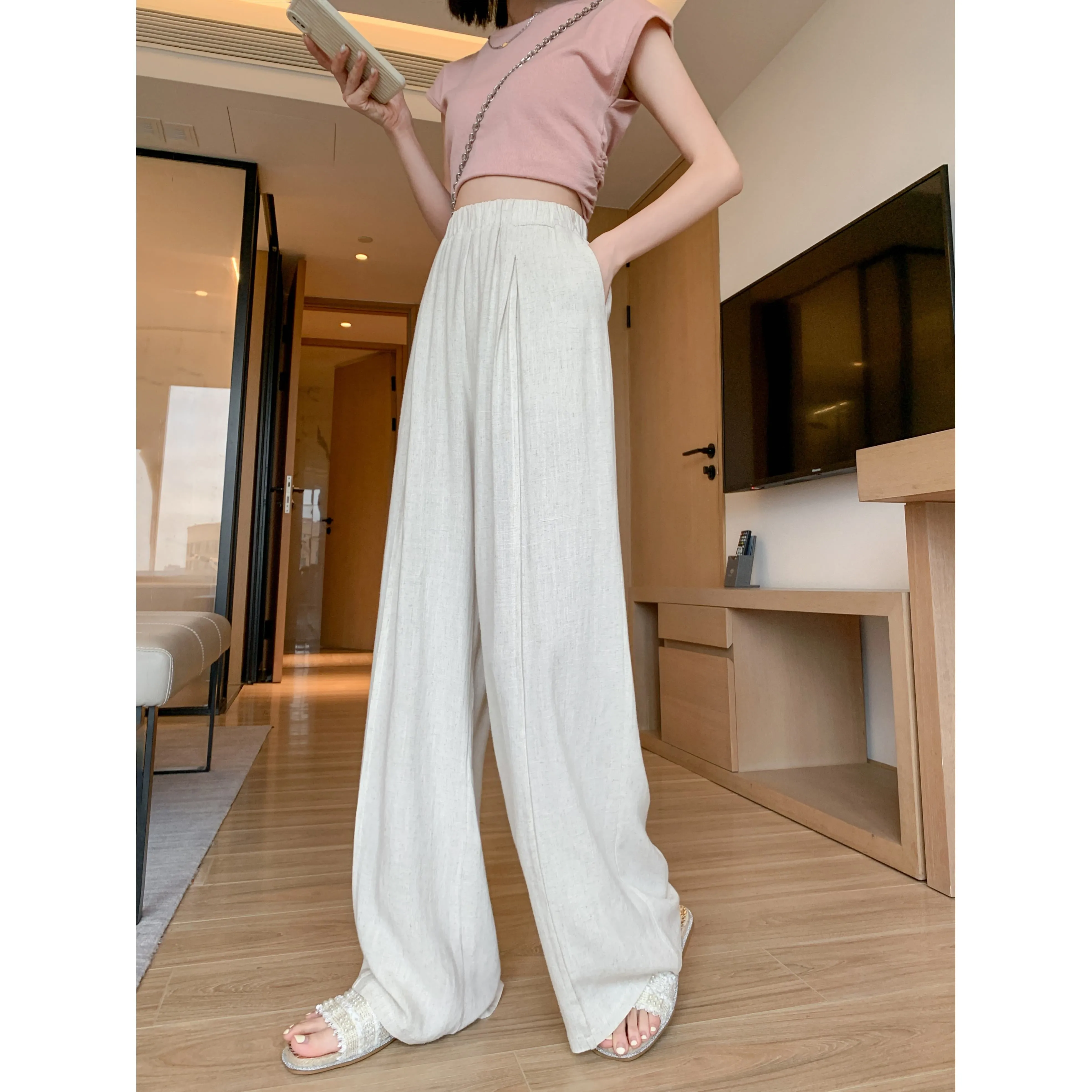 Loose-Fit Silky Linen High-Waisted Lazy Thin Pants