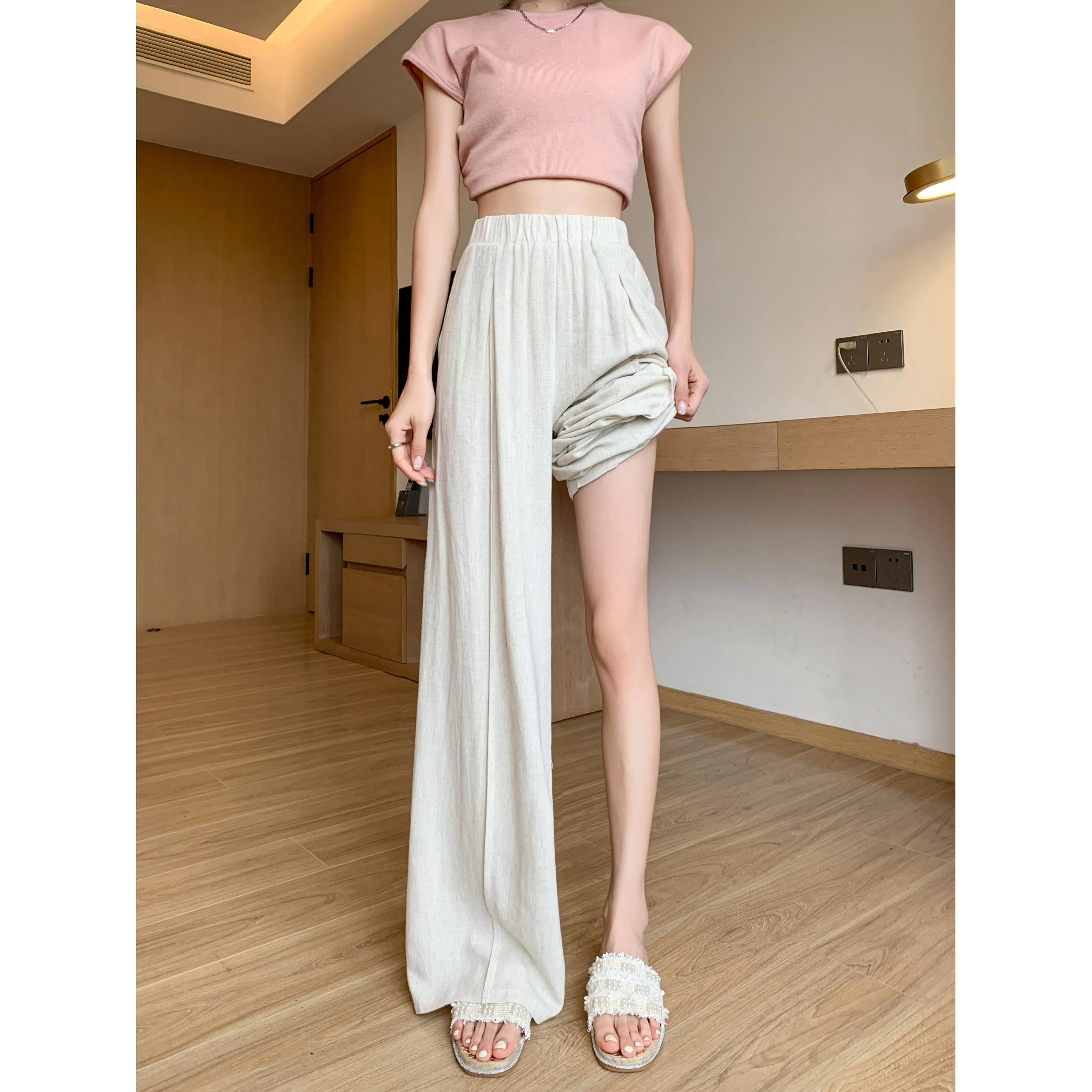 Loose-Fit Silky Linen High-Waisted Lazy Thin Pants