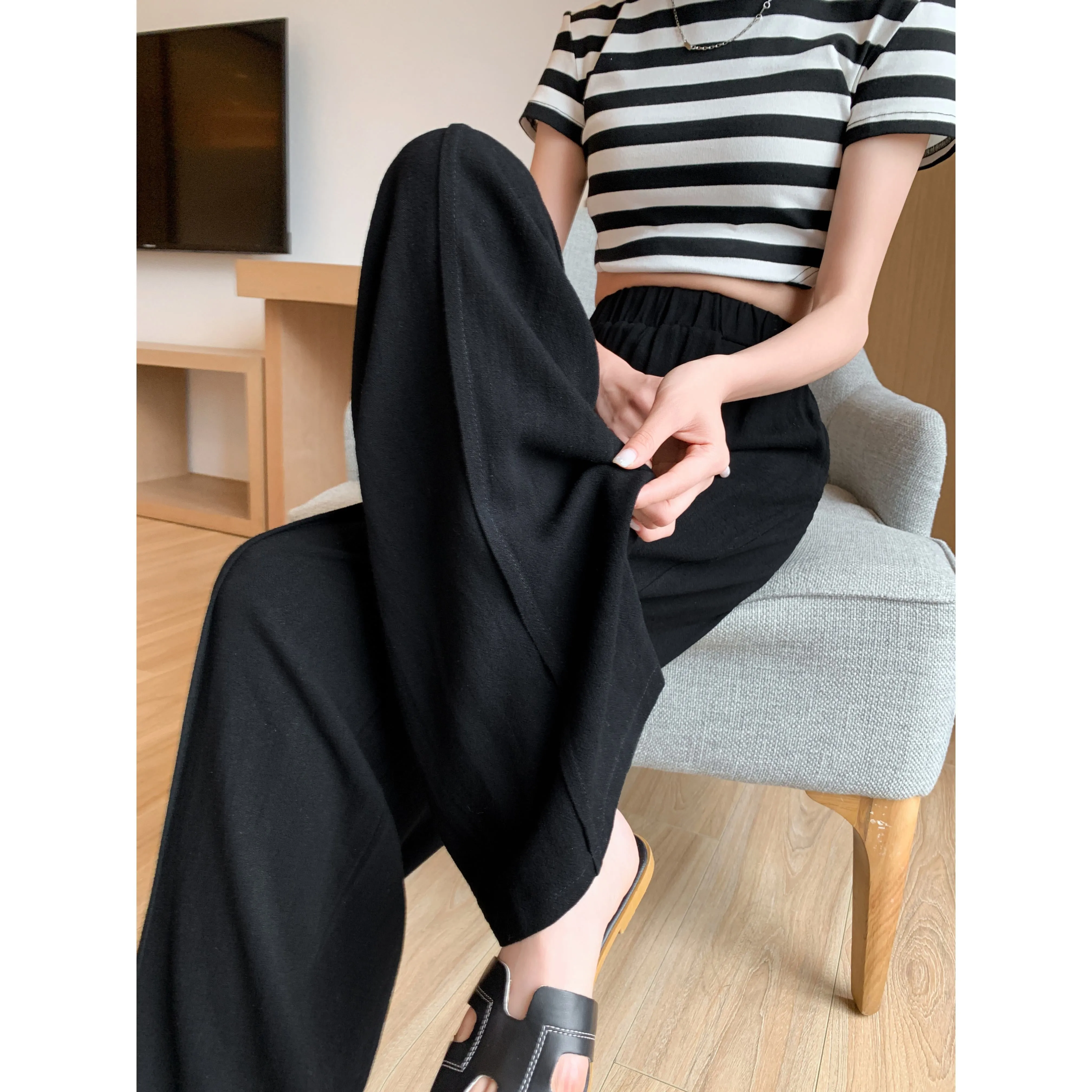 Loose-Fit Silky Linen High-Waisted Lazy Thin Pants