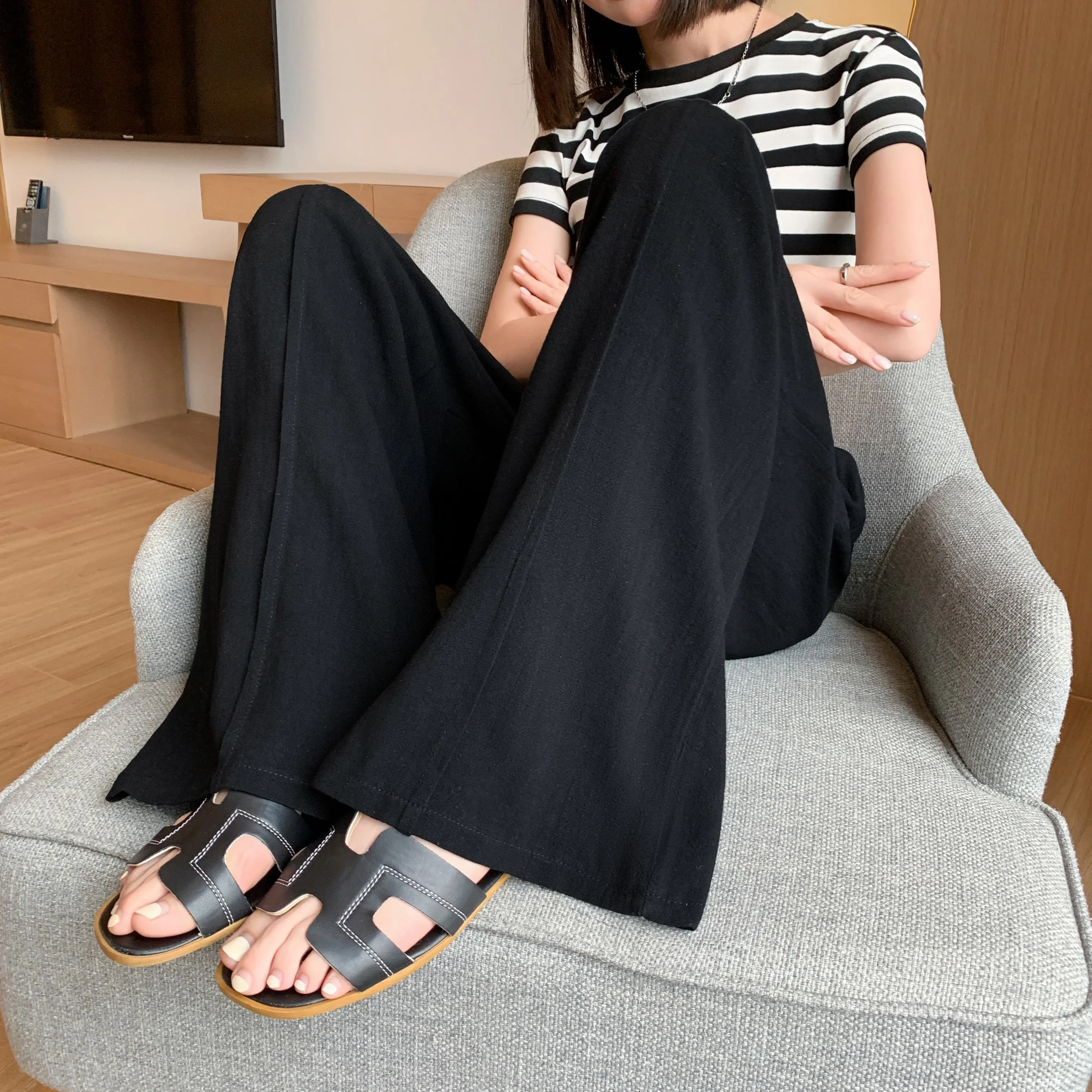 Loose-Fit Silky Linen High-Waisted Lazy Thin Pants