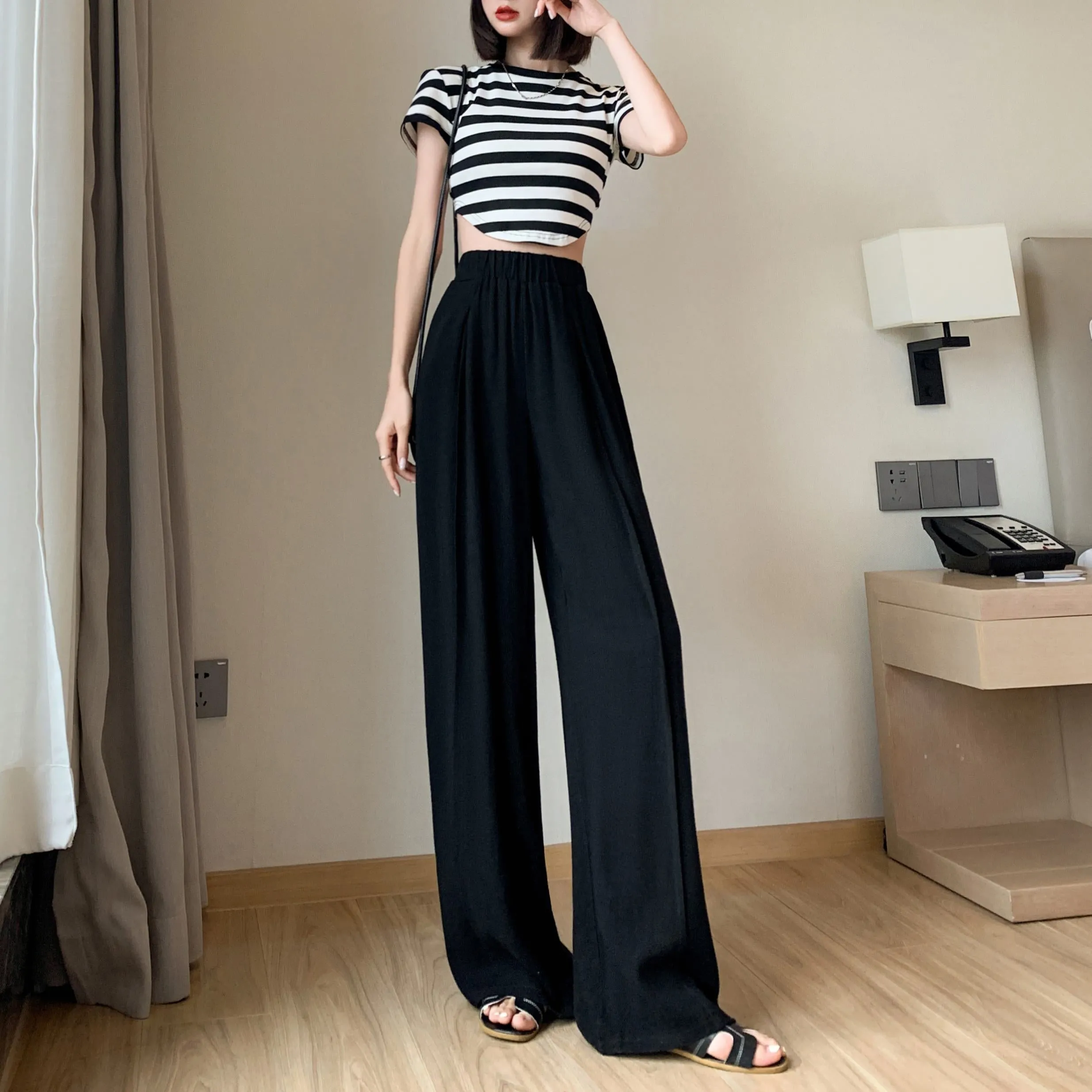 Loose-Fit Silky Linen High-Waisted Lazy Thin Pants