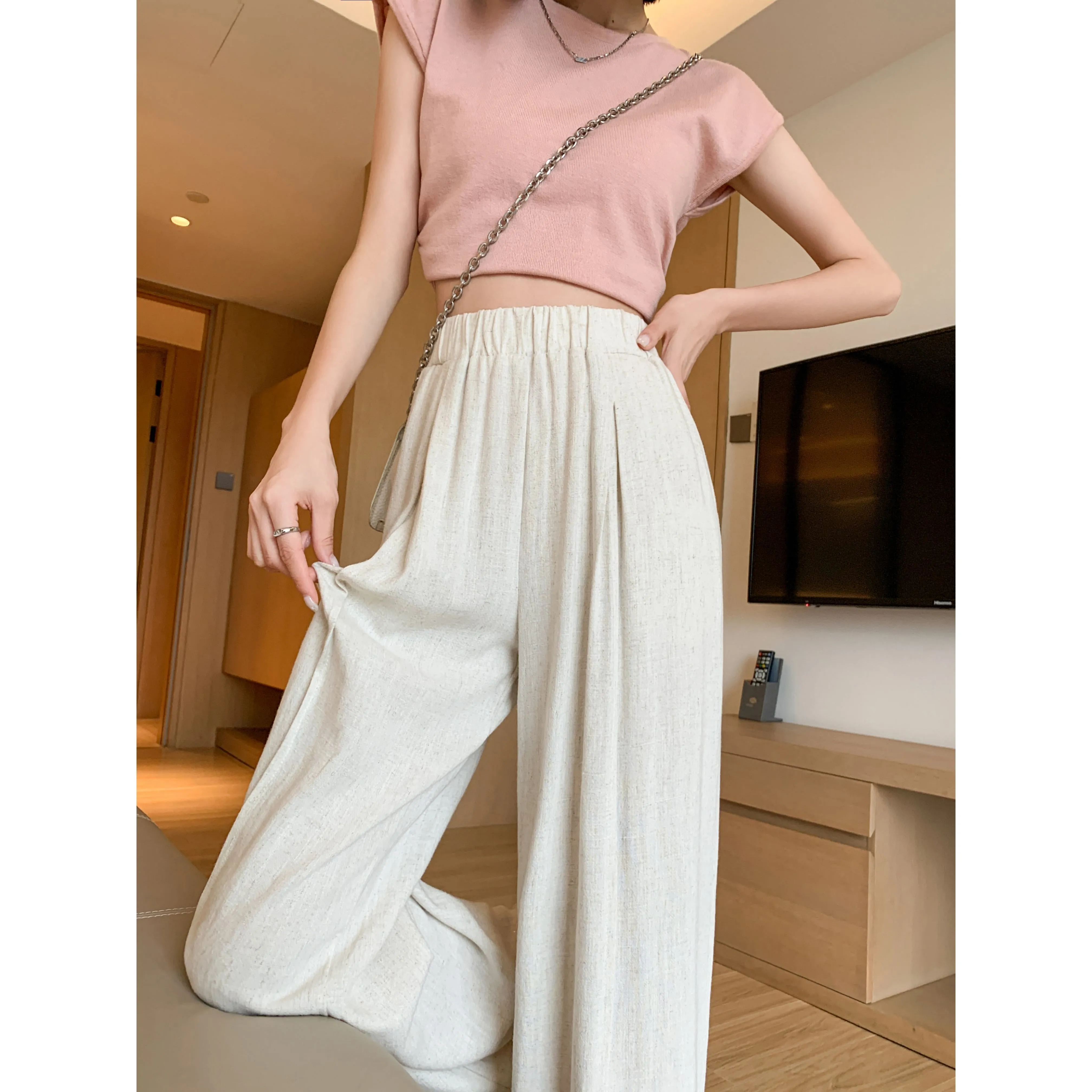 Loose-Fit Silky Linen High-Waisted Lazy Thin Pants