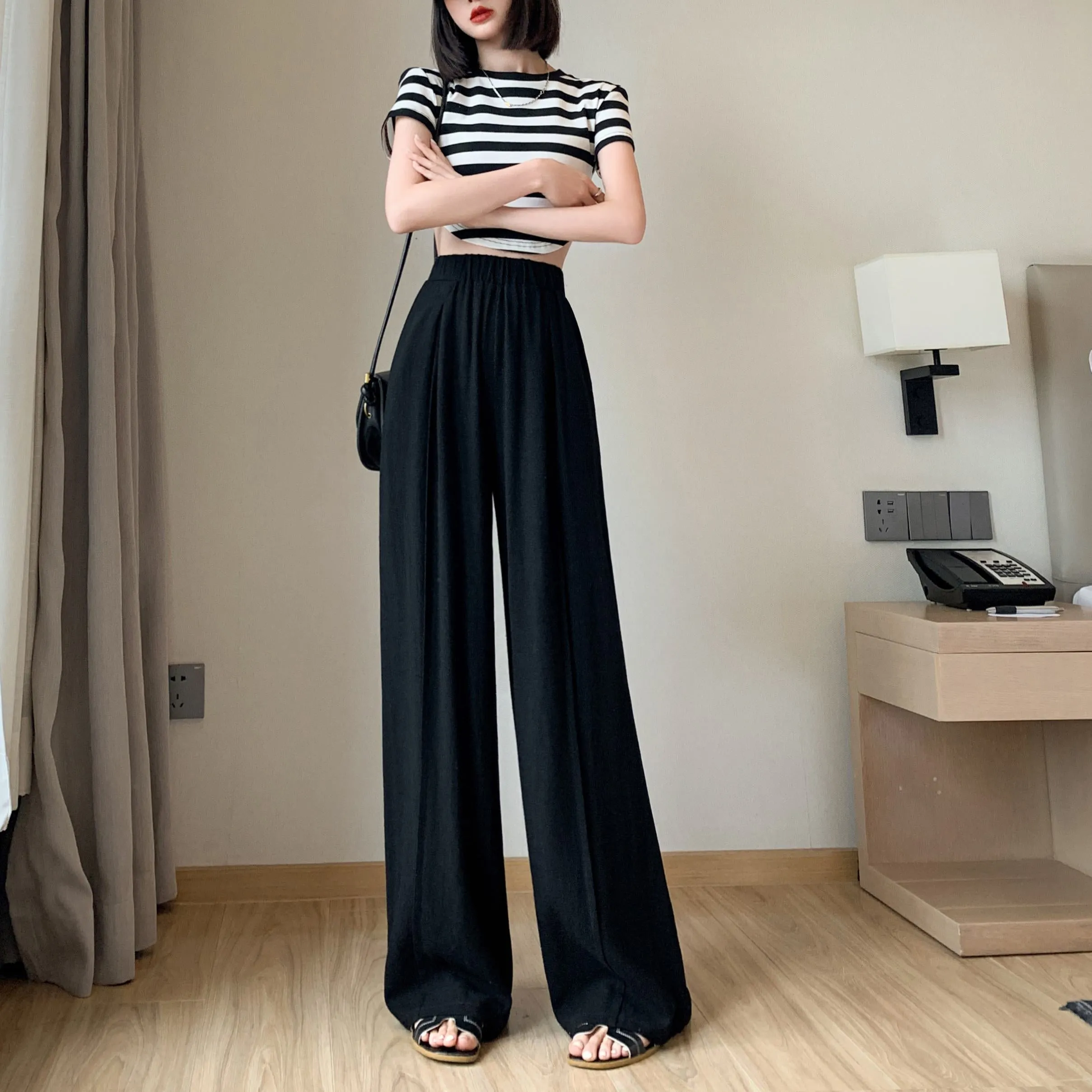 Loose-Fit Silky Linen High-Waisted Lazy Thin Pants