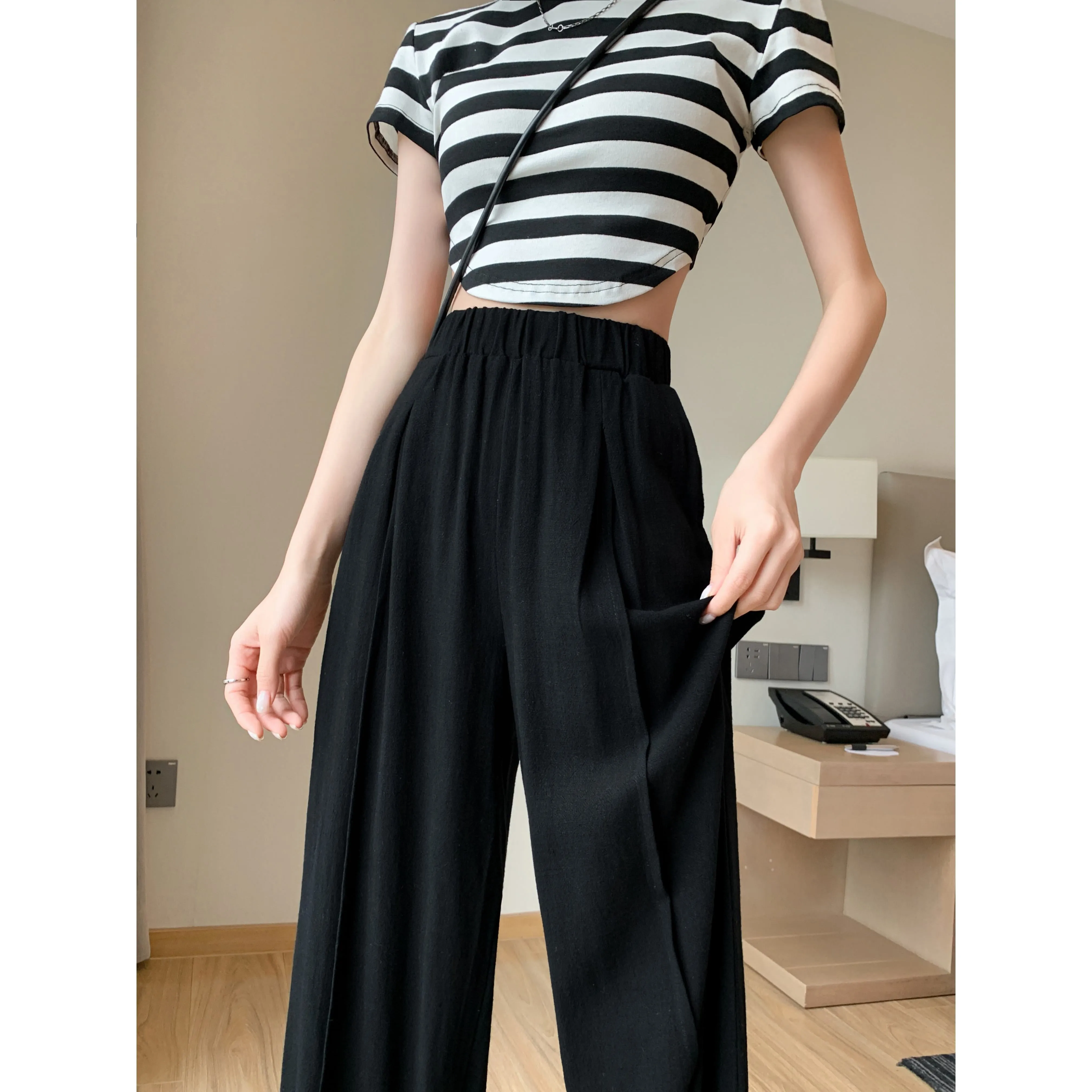 Loose-Fit Silky Linen High-Waisted Lazy Thin Pants