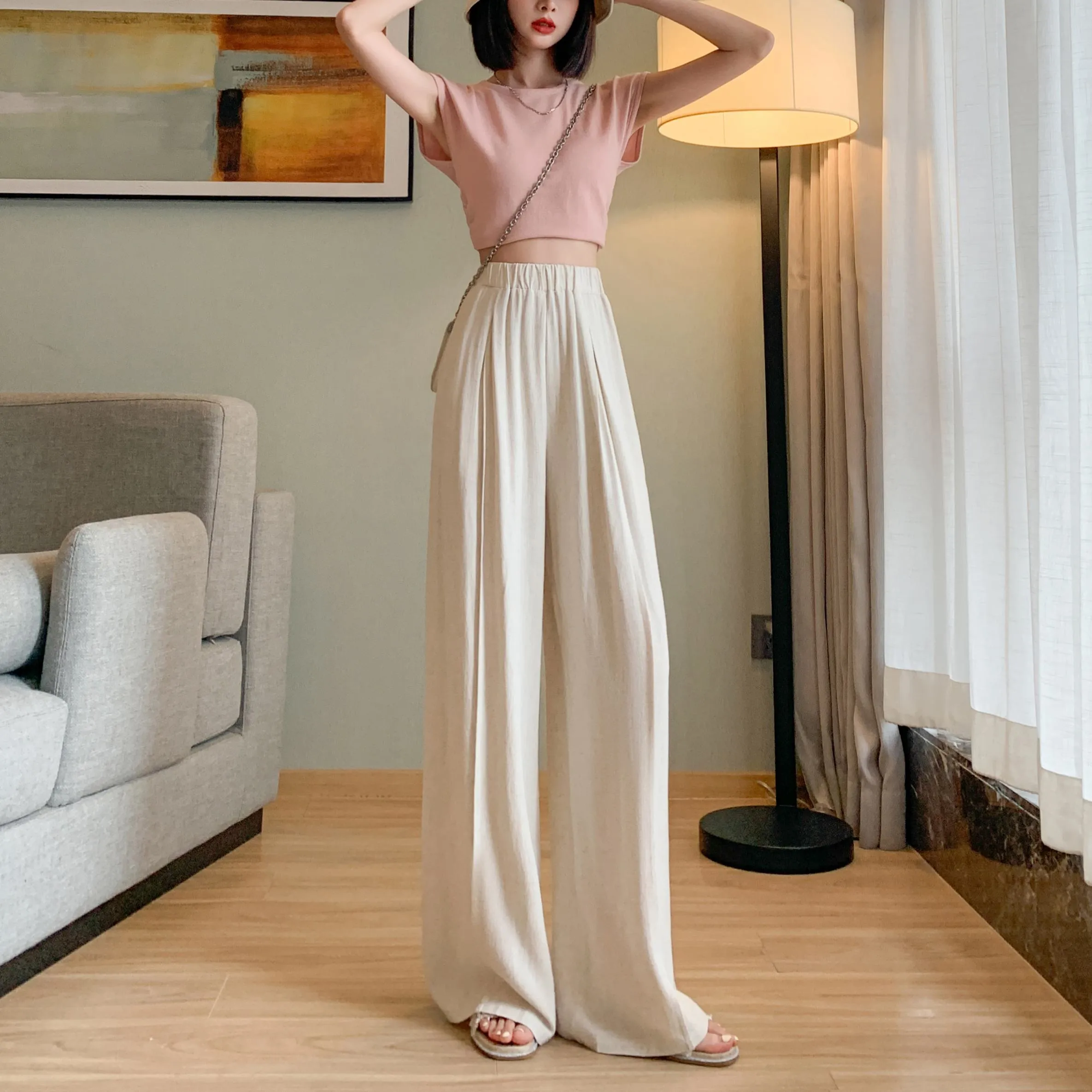 Loose-Fit Silky Linen High-Waisted Lazy Thin Pants