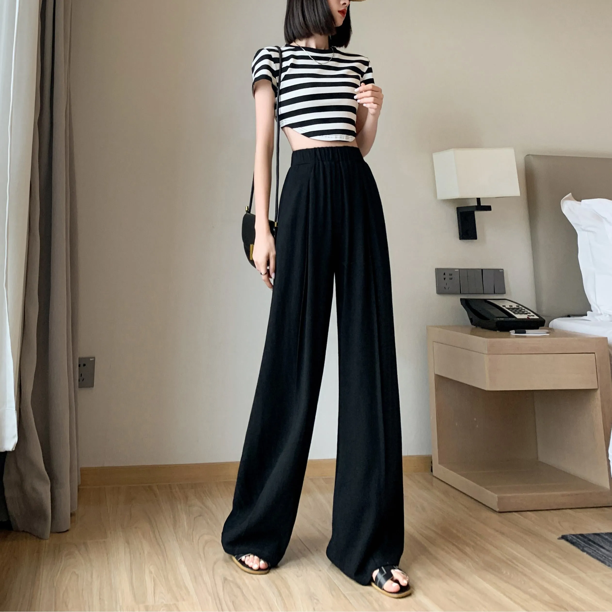 Loose-Fit Silky Linen High-Waisted Lazy Thin Pants