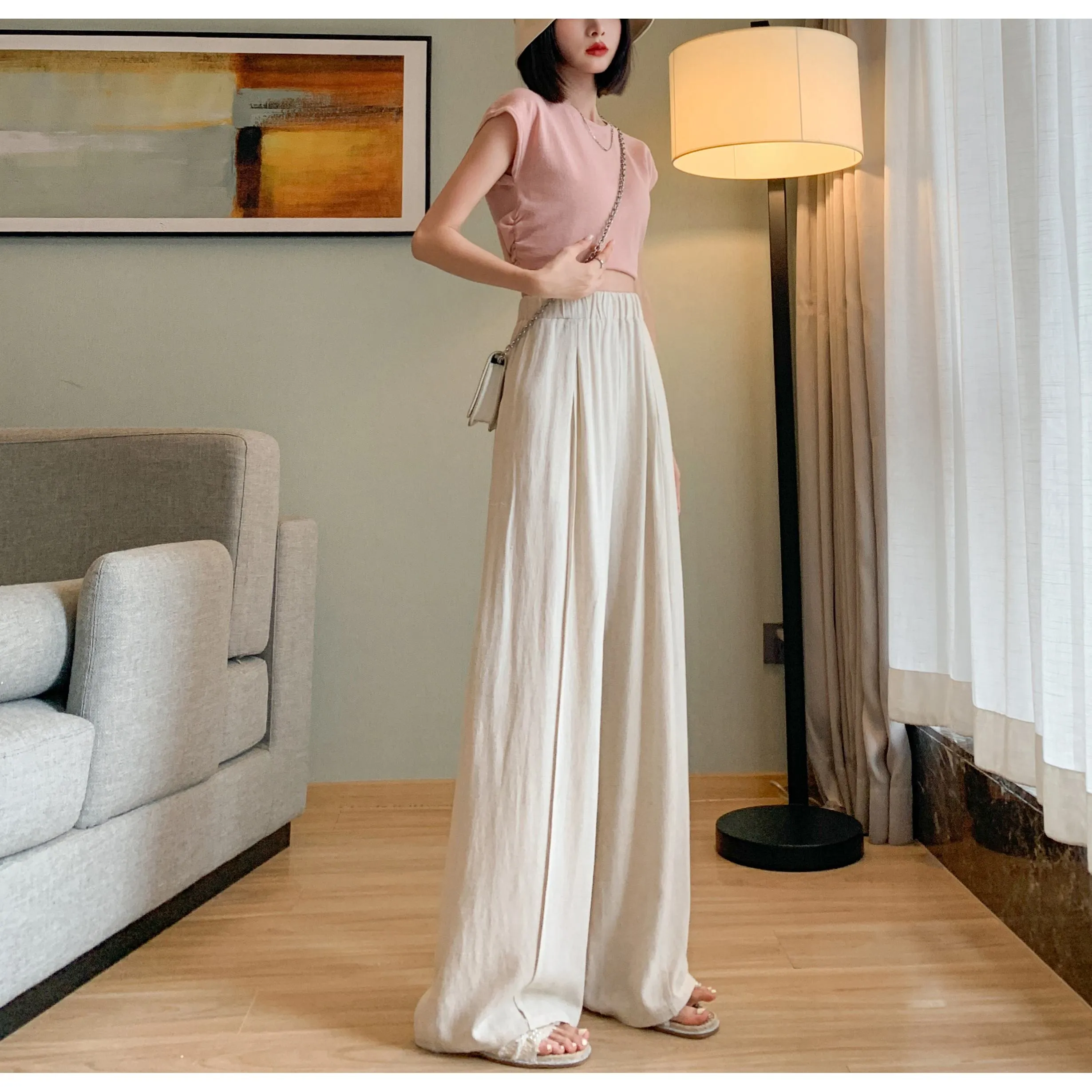 Loose-Fit Silky Linen High-Waisted Lazy Thin Pants