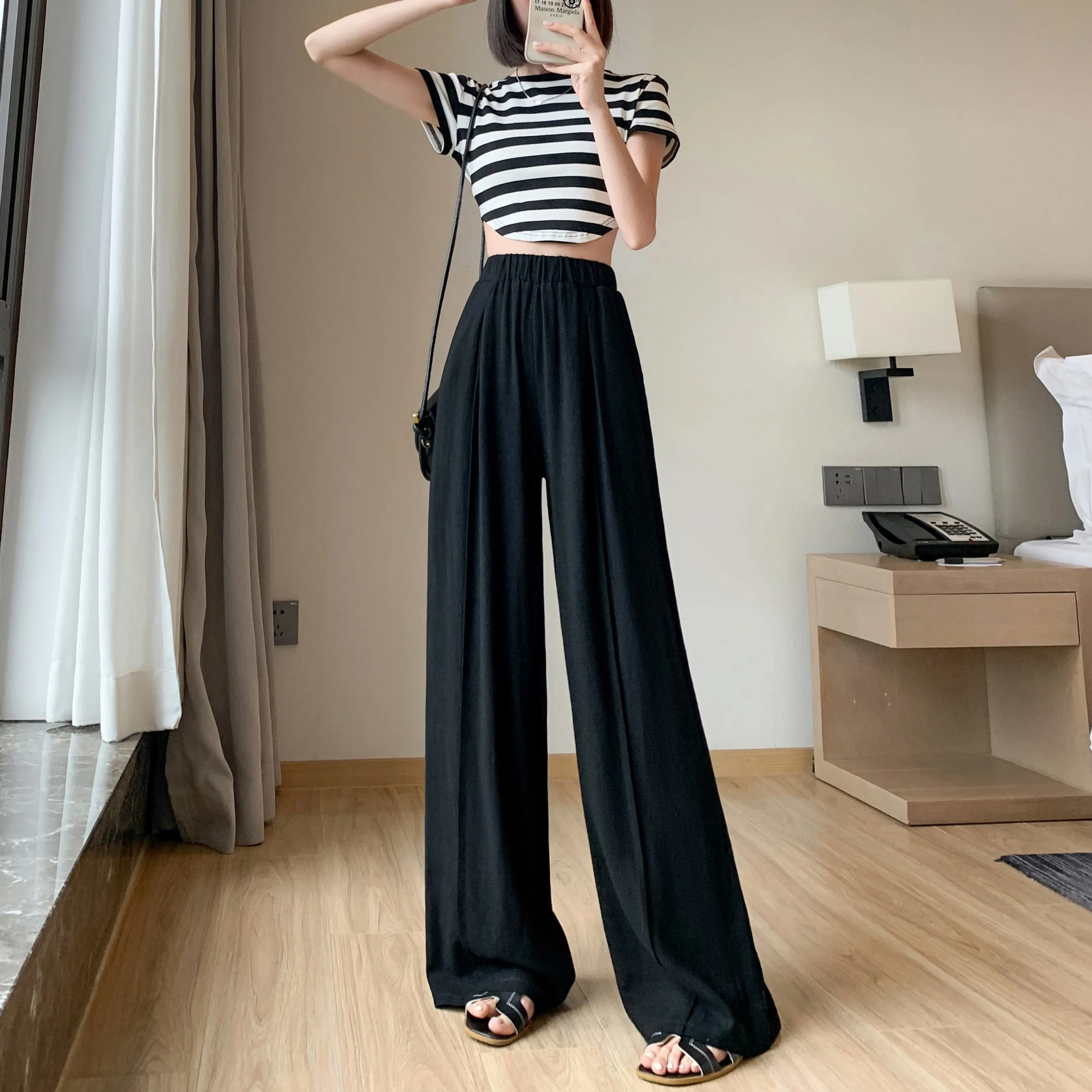 Loose-Fit Silky Linen High-Waisted Lazy Thin Pants
