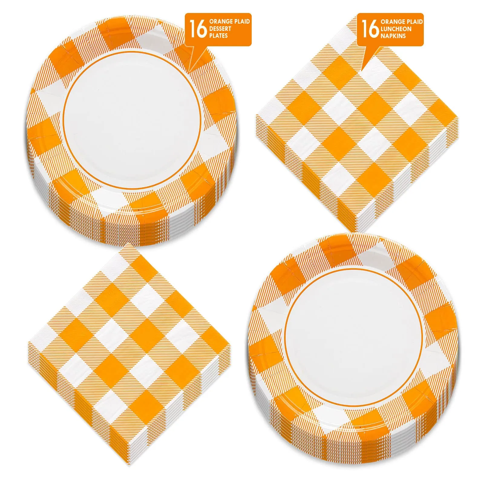 Orange & White Buffalo Plaid Fall Checkered Paper Plates and Lunch Napkins (Serves 16)