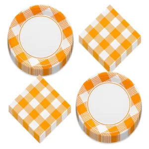 Orange & White Buffalo Plaid Fall Checkered Paper Plates and Lunch Napkins (Serves 16)