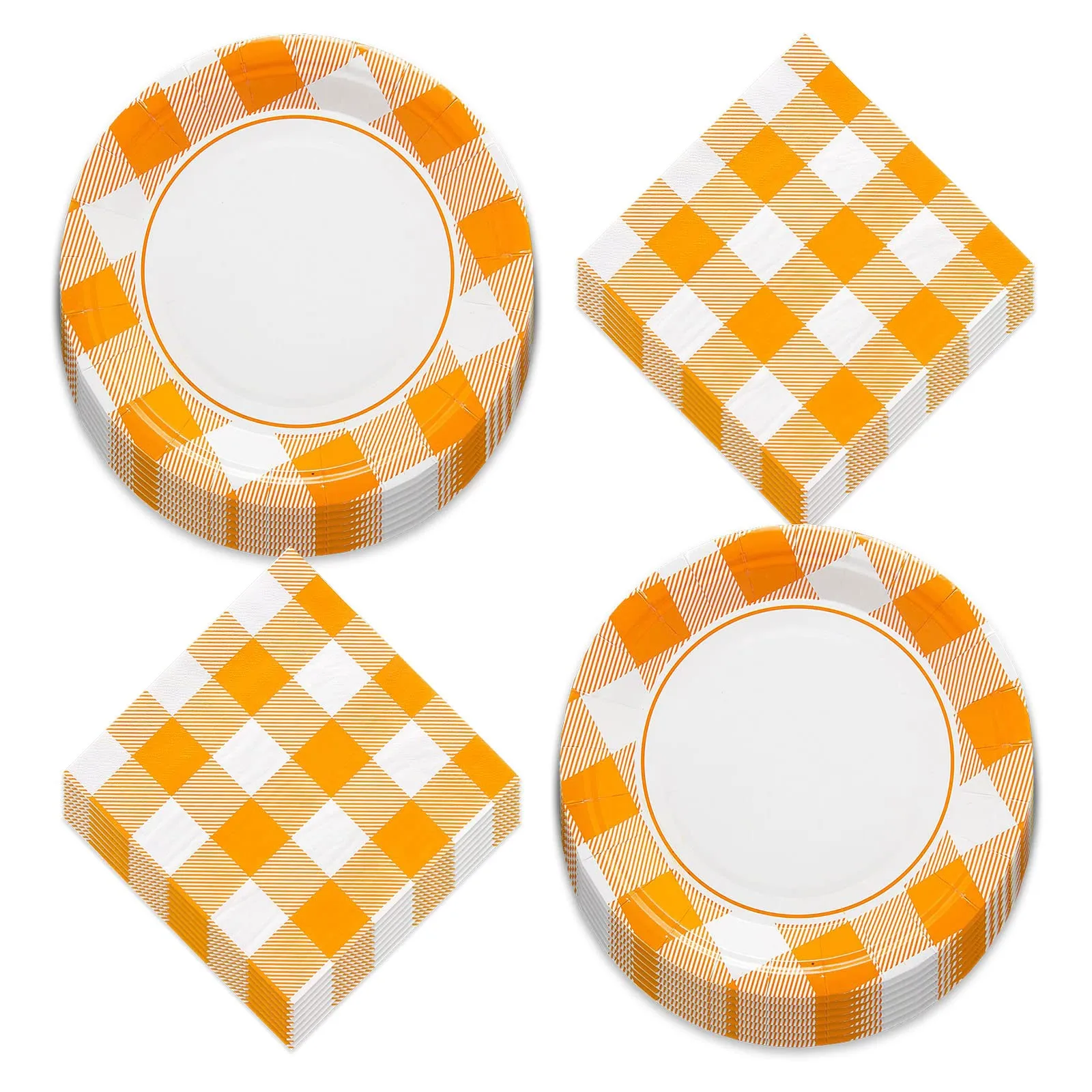 Orange & White Buffalo Plaid Fall Checkered Paper Plates and Lunch Napkins (Serves 16)